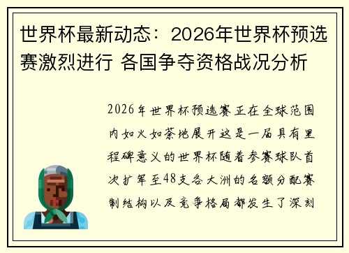 世界杯最新动态：2026年世界杯预选赛激烈进行 各国争夺资格战况分析