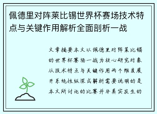佩德里对阵莱比锡世界杯赛场技术特点与关键作用解析全面剖析一战
