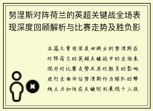 努涅斯对阵荷兰的英超关键战全场表现深度回顾解析与比赛走势及胜负影响评估